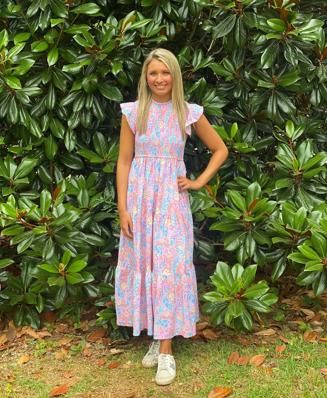 Simply Southern Tropical Print Smocked Midi Dress