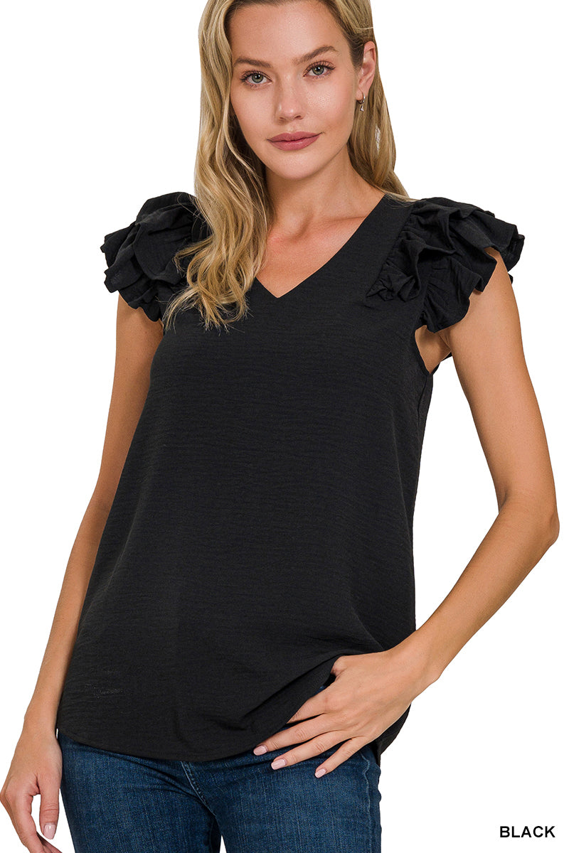 Check You Out Ruffle Sleeve Top - Black