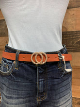 Load image into Gallery viewer, Rhinestone double circle faux leather slim belt  Length: 40&quot; Width: 7/8&quot;
