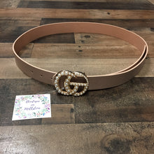 Load image into Gallery viewer, This Double Ring Belt features cream pearls on the buckle and black faux leather belt.  This plus sized belt measures 1 1/4&quot; width and 49&quot; length.
